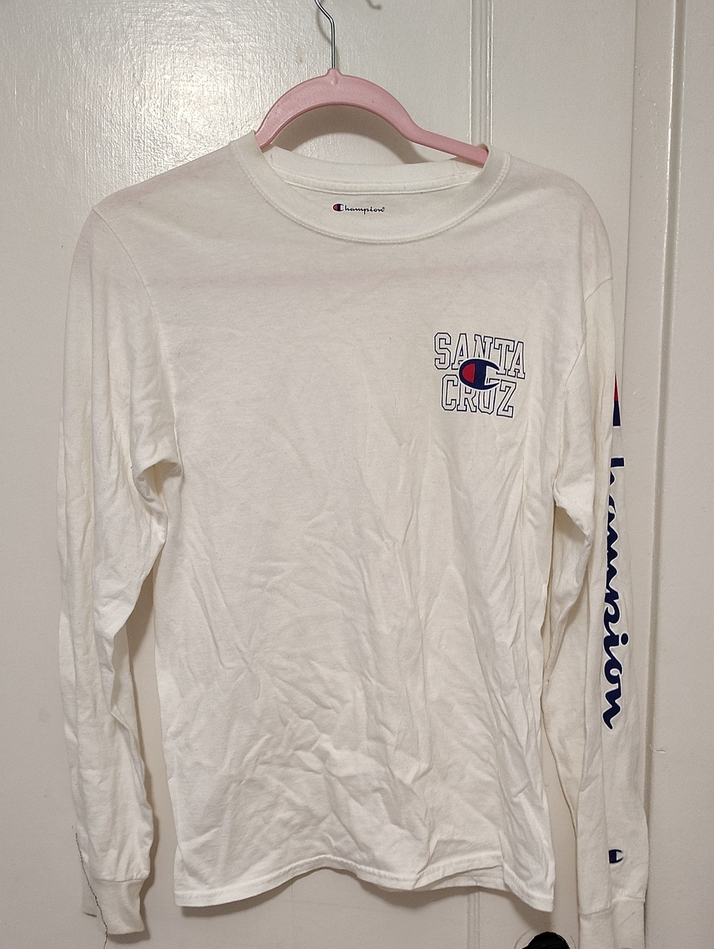Champion White Long-Sleeve Crewneck with Santa Cruz Logo